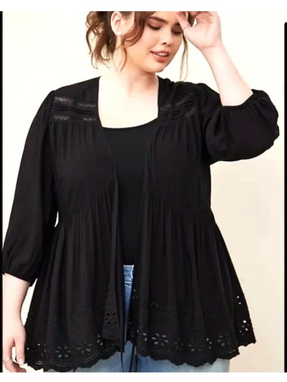 NEW Torrid 1 Black Challis Eyelet Lace Tie-Front Kimono Top 1X 14 16